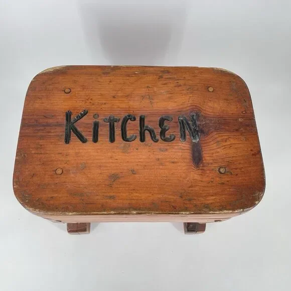Vintage Solid Wood Stool “Kitchen” Rustic Farmhouse Primitive Decor - Picture 2 of 10